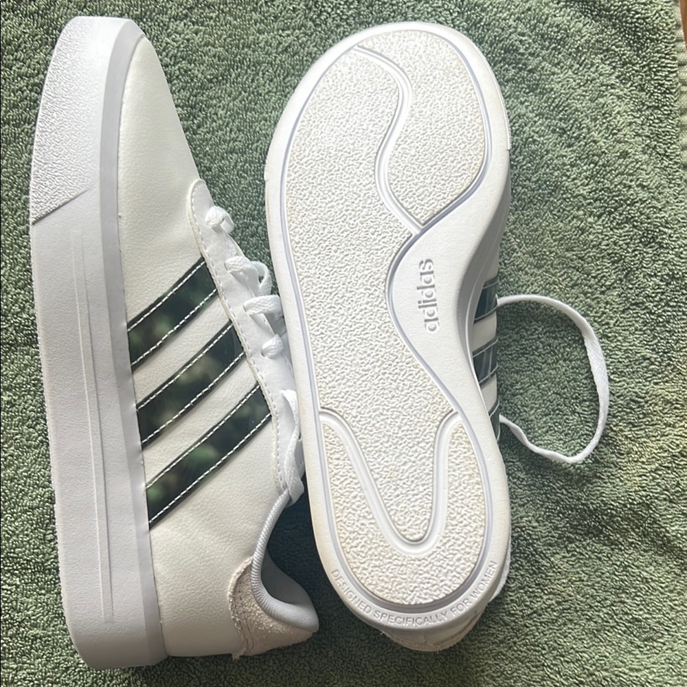 Adidas White Sneakers with Black and Green Stripes